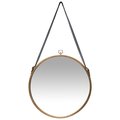 Infinity Instruments Farmhouse Circle Mirror - 16" Round Antique Gold Finished Metal Frame Leather Strap for Hanging 15531A